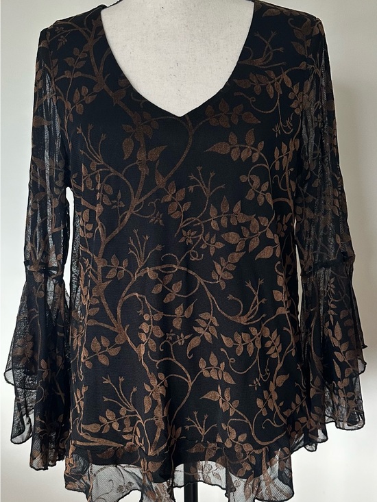 Papillon Blanc Tops - Sheer Mesh Bell Sleeve Floral Tunic Top Large Boho Dark Fairy goth Witchy
